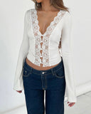 Beyaz Dantel Çan Kollu Tişört