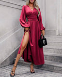 Şarap Kırmızısı Bishop Kollu Uzun Elbise