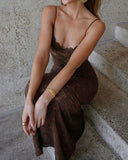 Kahve Kalp Yaka Denizkızı Uzun Elbise