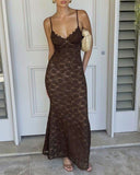 Kahve Kalp Yaka Denizkızı Uzun Elbise