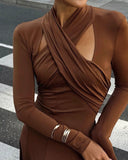 Kahverengi Asimetrik A Kesim Uzun Elbise