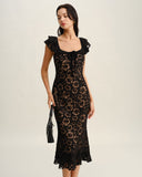 Sueña™ Siyah Dokulu Volanlı Denizkızı Midi Elbise