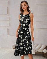 Siyah Çiçekli Denizkızı Kolsuz Midi Elbise