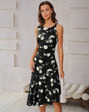 Siyah Çiçekli Denizkızı Kolsuz Midi Elbise