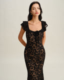 Sueña™ Siyah Dokulu Volanlı Denizkızı Midi Elbise