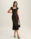 Sueña™ Siyah Dokulu Volanlı Denizkızı Midi Elbise