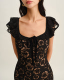 Sueña™ Siyah Dokulu Volanlı Denizkızı Midi Elbise