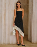 Siyah Kontrast Yüksek-Alçak Midi Elbise