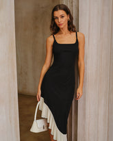 Siyah Kontrast Yüksek-Alçak Midi Elbise