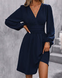 Mavi V Yakalı Büzgülü A Kesim Mini Elbise
