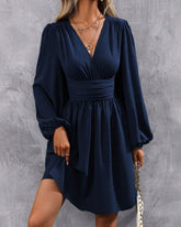 Mavi V Yakalı Büzgülü A Kesim Mini Elbise