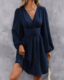 Mavi V Yakalı Büzgülü A Kesim Mini Elbise