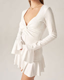 Sueña™ Bettydress-Beyaz Fırfırlı Büküm Mini Elbise