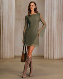 Yeşil Fileli Tekne Yaka A Kesim Mini Elbise