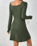 Yeşil Kare Yaka A Kesim Kazak Elbise