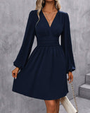 Mavi V Yakalı Büzgülü A Kesim Mini Elbise
