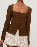 Kahverengi Kare Yaka Düğmeli Bluz