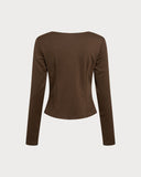 Kahverengi Kare Yaka Düğmeli Bluz