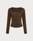 Kahverengi Kare Yaka Düğmeli Bluz