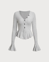 Gri V Yaka Çan Kollu Örgü Tişört