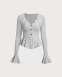 Gri V Yaka Çan Kollu Örgü Tişört