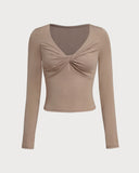 Sueña™ Haki V Yaka Büzgülü İnce Tişört