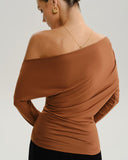 Kahverengi Asimetrik Yarasa Kollu Tişört