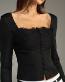 Siyah Kare Yaka Düğmeli İnce Tişört