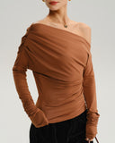 Kahverengi Asimetrik Yarasa Kollu Tişört