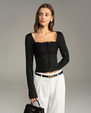 Siyah Kare Yaka Düğmeli İnce Tişört