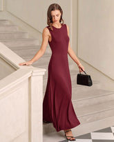 Kırmızı Yuvarlak Yaka A Kesim Kolsuz Uzun Elbise