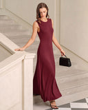 Kırmızı Yuvarlak Yaka A Kesim Kolsuz Uzun Elbise