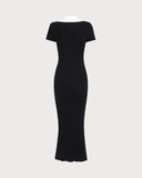 Sueña™ Siyah Kontrast Vücuda Oturan Kazak Uzun Elbise