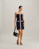 Sueña™ Mavi Sırtı Açık Kolsuz Cepli Örme Mini Elbise