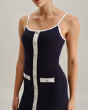 Sueña™ Mavi Sırtı Açık Kolsuz Cepli Örme Mini Elbise