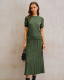 Yeşil Doğal Belli Pileli Örgü Midi Etek