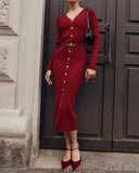 Şarap Kırmızısı V Yaka Düğmeli Kazak Elbise