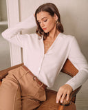 Beyaz V Yaka Tek Düğmeli Kazak