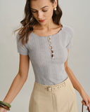 Gri Tekne Yaka İnce Örgü Tişört