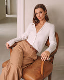 Beyaz V Yaka Tek Düğmeli Kazak