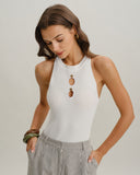 Beyaz Balıkçı Yaka Kesikli Örgü Tişört