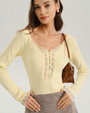 Sarı V Yaka Dantel Örgü Tişört