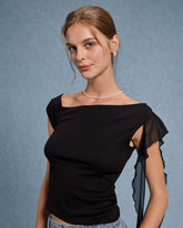 Sueña™ Siyah Ruffle Asimetrik Tişört