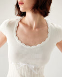 Sueña™ Beyaz U Yaka İnce Triko Tişört