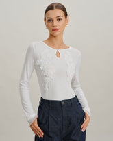 Beyaz Yuvarlak Yakalı İnce Örgü Tişört