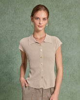 Sueña™ Bej Kısa Kollu Düğmeli Örgü Tişört