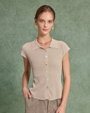 Sueña™ Bej Kısa Kollu Düğmeli Örgü Tişört