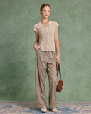 Sueña™ Bej Kısa Kollu Düğmeli Örgü Tişört