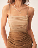 Sueña Kahverengi Dantelli File Slip Midi Elbise