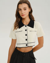 Bej Kontrast Tek Göğüslü Kısa Hırka